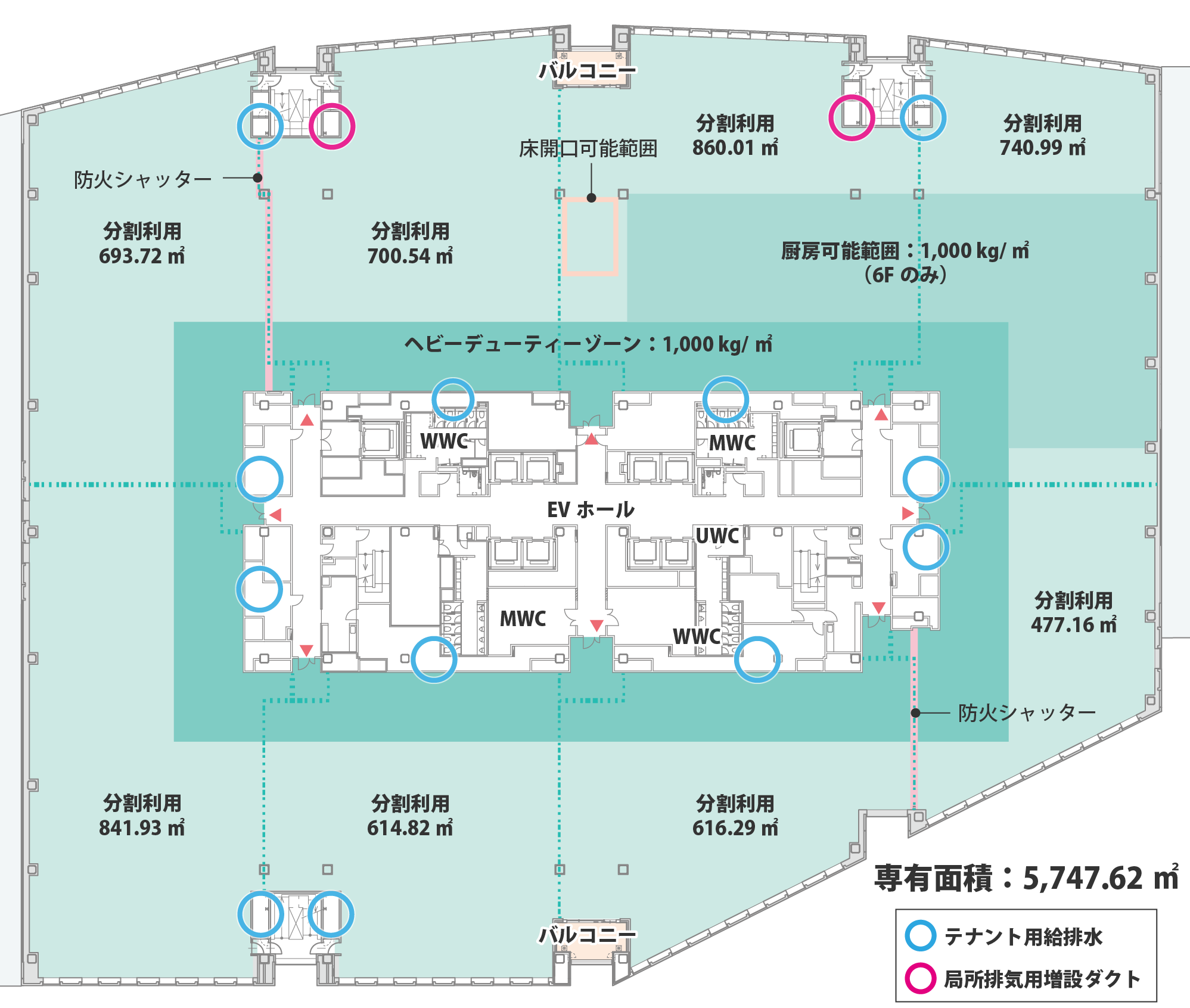 HANEDA INNOVATION CITY（羽田イノベーションシティ）ZONE Bの外観・ラボ写真（基準階フロア図（分割利用の面積・給排水・局所排気ダクト位置））