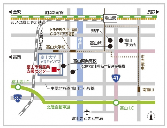 富山市新産業支援センターの外観・ラボ写真（周辺案内図）
